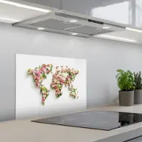 KitchenYeah Spatscherm 60x45 cm - Zelfklevende achterwand Wereldkaart - Bloemen - Subtiel - Keuken muurbeschermer - Spatwand fornuis