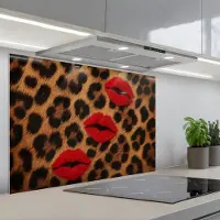 KitchenYeah Spatscherm 80x55 cm - Zelfklevende achterwand Lippen - Drie - Rood - Panterprint - Keuken muurbeschermer - Spatwand fornuis