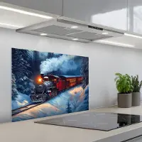 KitchenYeah Spatscherm 70x50 cm - Zelfklevende achterwand Trein - Kerst - Sneeuw - Kersttrein - Keuken muurbeschermer - Spatwand fornuis