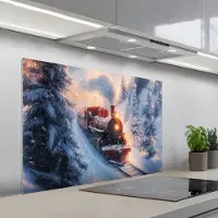 KitchenYeah Spatscherm 100x65 cm - Zelfklevende achterwand Kersttrein - Sneeuw - Winter - Kerst - Keuken muurbeschermer - Spatwand fornuis