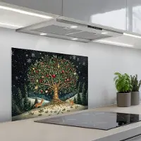 KitchenYeah Spatscherm 70x55 cm - Zelfklevende achterwand Feestboom - Winterhemel - Kleurrijk - Keuken muurbeschermer - Spatwand fornuis