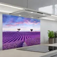 KitchenYeah Spatscherm 90x60 cm - Zelfklevende achterwand Lavendel - Natuur - Paars - Bomen - Bloemen - Keuken muurbeschermer - Spatwand fornuis