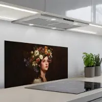 KitchenYeah Spatscherm 80x40 cm - Zelfklevende achterwand Portret - Vrouw - Bloemen - Keuken muurbeschermer - Spatwand fornuis