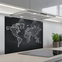 KitchenYeah Spatscherm 80x60 cm - Zelfklevende achterwand Wereldkaart - Krijt - Zwart - minimalistisch - Keuken muurbeschermer - Spatwand fornuis