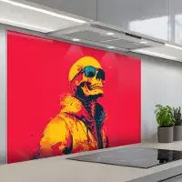 KitchenYeah Spatscherm 120x80 cm - Zelfklevende achterwand Zonnebril - Schedel - Jas - Rood - Keuken muurbeschermer - Spatwand fornuis
