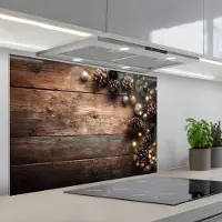 KitchenYeah Spatscherm 80x55 cm - Zelfklevende achterwand Kersthoekdecoratie - Dennenappels - Lichtjes - Keuken muurbeschermer - Spatwand fornuis