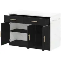 Merax Keukeneiland 120x60x91 cm – Keukenwerkbank met Stopcontacten en USB – Opbergkast met Lades en Deuren – Verstelbare Legplanken – Handdoekhouder – Werkblad in Marmerlook – Zwart Wit
