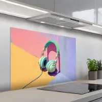 KitchenYeah Spatscherm 100x65 cm - Zelfklevende achterwand Koptelefoon - Mintgroen - Draad - Keuken muurbeschermer - Spatwand fornuis