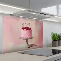 KitchenYeah Spatscherm 90x60 cm - Zelfklevende achterwand Taart - Pink - Cherry - Keuken muurbeschermer - Spatwand fornuis