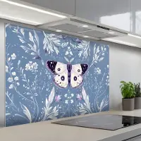 KitchenYeah Spatscherm 120x80 cm - Zelfklevende achterwand Vlinder - Bloemtakken - Lichtblauw - Keuken muurbeschermer - Spatwand fornuis