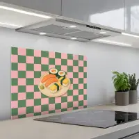 KitchenYeah Spatscherm 70x55 cm - Zelfklevende achterwand Sushi - Bord - Geblokt - Groen - Keuken muurbeschermer - Spatwand fornuis