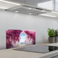 KitchenYeah Spatscherm 60x30 cm - Zelfklevende achterwand Zee - Roze - Bloemen - Poort - Keuken muurbeschermer - Spatwand fornuis