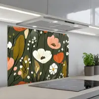 KitchenYeah Spatscherm 80x60 cm - Zelfklevende achterwand Bloemen - Illustratie - Groen - Keuken muurbeschermer - Spatwand fornuis