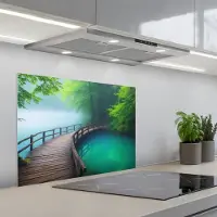 KitchenYeah Spatscherm 70x50 cm - Zelfklevende achterwand Brug - Water - Rivier - Bos - Keuken muurbeschermer - Spatwand fornuis