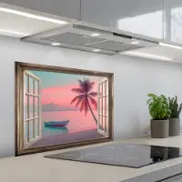 KitchenYeah Spatscherm 70x55 cm - Zelfklevende achterwand Doorkijk - Strand - Palmboom - Tropisch - Keuken muurbeschermer - Spatwand fornuis