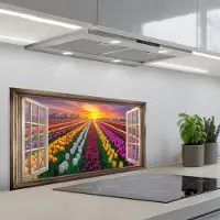 KitchenYeah Spatscherm 90x45 cm - Zelfklevende achterwand Doorkijk - Bloemen - Tulpen - Kleurrijk - Zonsondergang - Keuken muurbeschermer - Spatwand fornuis