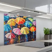 KitchenYeah Spatscherm 90x70 cm - Zelfklevende achterwand Paraplu's - Schilderij - Kunst - Regenboog - Keuken muurbeschermer - Spatwand fornuis