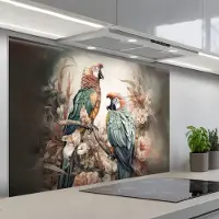 KitchenYeah Spatscherm 120x80 cm - Zelfklevende achterwand Papegaaien - Vogels - Natuur - Bloemen - Keuken muurbeschermer - Spatwand fornuis