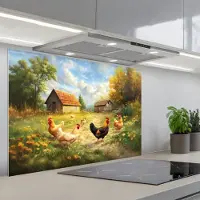 KitchenYeah Spatscherm 90x60 cm - Zelfklevende achterwand Kippen - Landelijke rust - Natuur - Keuken muurbeschermer - Spatwand fornuis