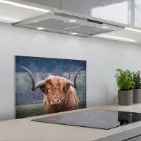 KitchenYeah Spatscherm 60x40 cm - Zelfklevende achterwand Schotse Hooglander - Koeienkop - Landschap - Natuur - Koe - Keuken muurbeschermer - Spatwand fornuis