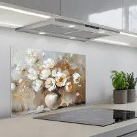 KitchenYeah Spatscherm 70x55 cm - Zelfklevende achterwand Vaas - Bloemen - Kunst - Goud - Keuken muurbeschermer - Spatwand fornuis