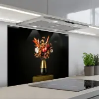 KitchenYeah Spatscherm 80x60 cm - Zelfklevende achterwand Exotisch - Boeket - Vaas - Goud - Keuken muurbeschermer - Spatwand fornuis