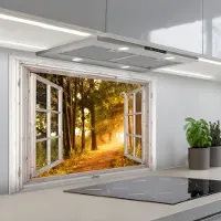 KitchenYeah Spatscherm 90x60 cm - Zelfklevende achterwand Bos - Bomen - Zonlicht - Herfst - Bospad - Natuur - Doorkijk - Keuken muurbeschermer - Spatwand fornuis