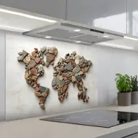 KitchenYeah Spatscherm 90x60 cm - Zelfklevende achterwand Wereldkaart - Stenen - Wit - Keuken muurbeschermer - Spatwand fornuis