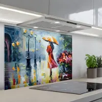 KitchenYeah Spatscherm 90x60 cm - Zelfklevende achterwand Olieverf - Paraplu - Vrouw - Straat - Kunst - Keuken muurbeschermer - Spatwand fornuis