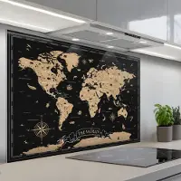 KitchenYeah Spatscherm 120x80 cm - Zelfklevende achterwand Wereldkaart - Beige - Zwart - Keuken muurbeschermer - Spatwand fornuis