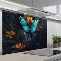 KitchenYeah Spatscherm 120x80 cm - Zelfklevende achterwand Panter - Vlinder - Blauw - Bloemen - Natuur - Keuken muurbeschermer - Spatwand fornuis