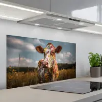 KitchenYeah Spatscherm 100x50 cm - Zelfklevende achterwand Koe - Bloemen - Weiland - Keuken muurbeschermer - Spatwand fornuis