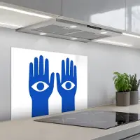 KitchenYeah Spatscherm 70x55 cm - Zelfklevende achterwand Handen - Twee - Ogen - Blauw - Keuken muurbeschermer - Spatwand fornuis