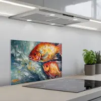 KitchenYeah Spatscherm 60x40 cm - Zelfklevende achterwand Vissen - Water - Dieren - Kunst - Olieverf - Keuken muurbeschermer - Spatwand fornuis
