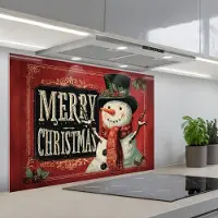 KitchenYeah Spatscherm 90x60 cm - Zelfklevende achterwand Klassiek - Kerstgroet - Sneeuwpop - Rood - Keuken muurbeschermer - Spatwand fornuis