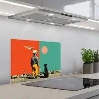 KitchenYeah Spatscherm 60x40 cm - Zelfklevende achterwand Retro - Jongen - Hond - Rood - Groen - Keuken muurbeschermer - Spatwand fornuis