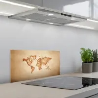 KitchenYeah Spatscherm 60x30 cm - Zelfklevende achterwand Wereldkaart - Bruin - Klassiek - Keuken muurbeschermer - Spatwand fornuis