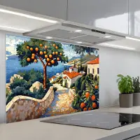 KitchenYeah Spatscherm 90x60 cm - Zelfklevende achterwand Huizen - Mozaïek - Sinaasappelbomen - Zee - Keuken muurbeschermer - Spatwand fornuis