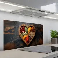 KitchenYeah Spatscherm 100x50 cm - Zelfklevende achterwand Houten - Hart - Kleurrijke - Specerijen - Keuken muurbeschermer - Spatwand fornuis