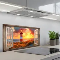 KitchenYeah Spatscherm 90x45 cm - Zelfklevende achterwand Doorkijk - Raam - Vuurtoren - Zonsondergang - Strand - Keuken muurbeschermer - Spatwand fornuis