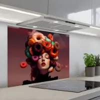 KitchenYeah Spatscherm 80x60 cm - Zelfklevende achterwand Vrouw - Donuts - Kleurrijk - Keuken muurbeschermer - Spatwand fornuis
