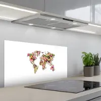KitchenYeah Spatscherm 90x45 cm - Zelfklevende achterwand Wereldkaart - Bloemen - Felgekleurd - Keuken muurbeschermer - Spatwand fornuis
