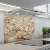 KitchenYeah Spatscherm 80x60 cm - Zelfklevende achterwand Bloemen - Modern - Beige - Wit - Bloesem - Keuken muurbeschermer - Spatwand fornuis