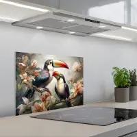 KitchenYeah Spatscherm 60x45 cm - Zelfklevende achterwand Toekan - Vogels - Bloemen - Jungle - Keuken muurbeschermer - Spatwand fornuis