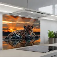 KitchenYeah Spatscherm 90x60 cm - Zelfklevende achterwand Natuur - Luipaard - Dier - Zonsondergang - Modern - Keuken muurbeschermer - Spatwand fornuis