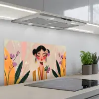 KitchenYeah Spatscherm 80x40 cm - Zelfklevende achterwand Vrouw - Bloemen - Pastel - Keuken muurbeschermer - Spatwand fornuis