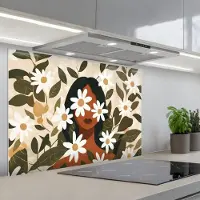 KitchenYeah Spatscherm 90x60 cm - Zelfklevende achterwand Illustratie - Vrouw - Madeliefjes - Wit - Keuken muurbeschermer - Spatwand fornuis