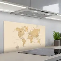 KitchenYeah Spatscherm 100x50 cm - Zelfklevende achterwand Wereldkaart - Realistisch - Beige - Keuken muurbeschermer - Spatwand fornuis