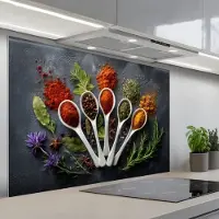 KitchenYeah Spatscherm 120x80 cm - Zelfklevende achterwand Lepels - Wit - Poeder - Kruiden - Keuken muurbeschermer - Spatwand fornuis