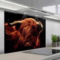 KitchenYeah Spatscherm 100x75 cm - Zelfklevende achterwand Schotse hooglander - Koe - Hoorns - Portret - Dieren - Keuken muurbeschermer - Spatwand fornuis